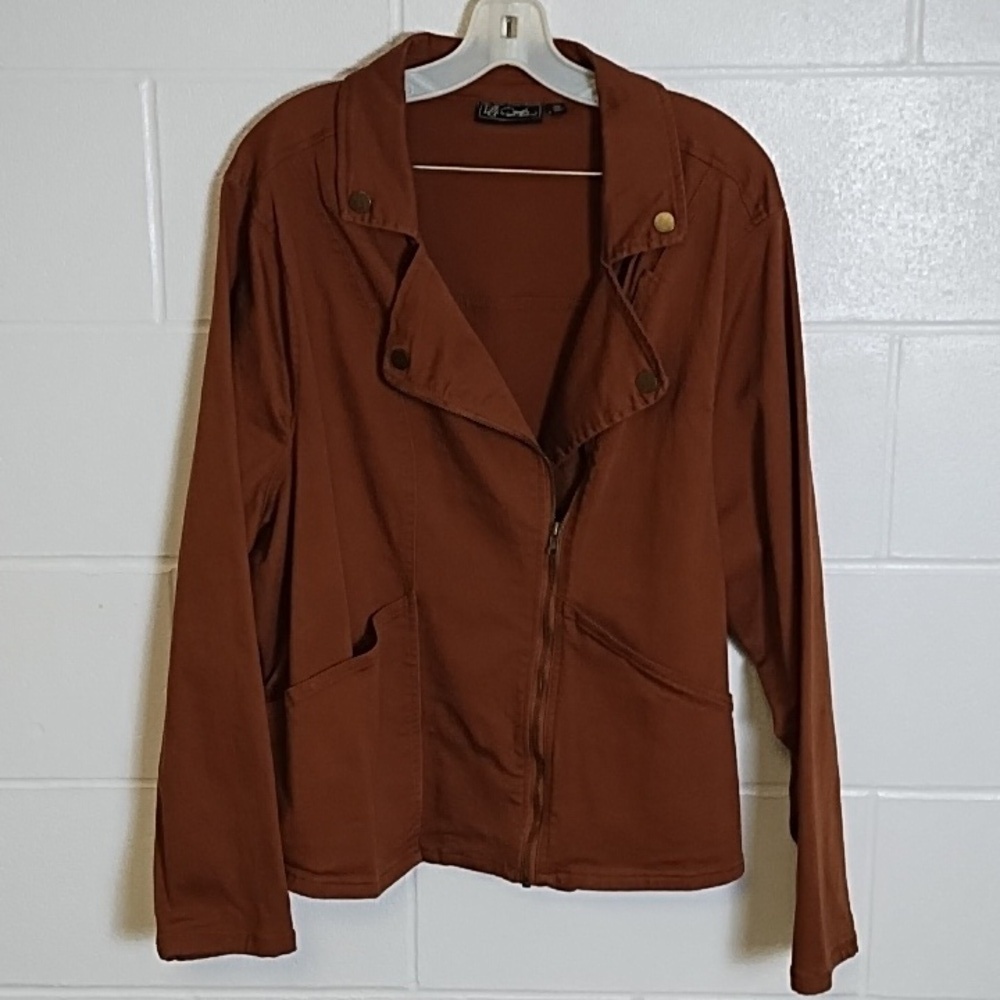DG2 Diane Glimen Rich Rust Stretch Canvas Jacket with Brass Details